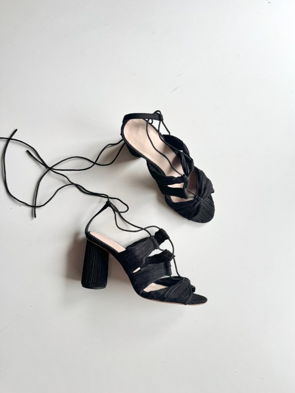 LOEFFLER RANDALL Teresa Black Plisse Satin Lace-Up Wrap Block Heels, Size 9.5